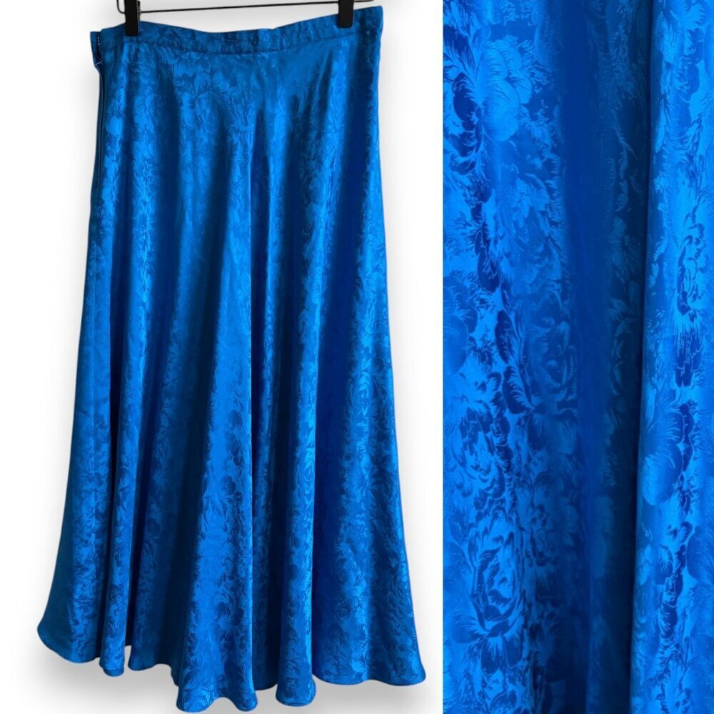 Vintage Papell Too 100% Silk Floral Royal Blue A-Line Full Midi Skirt Size 8